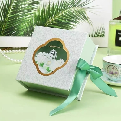 Green Folded Book Carboard Boxes With Ribbon Transparent Window For Perfume Gift Packaging