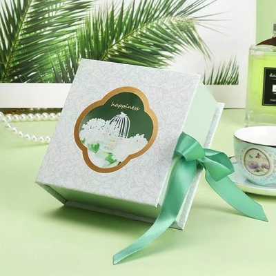 Green Folded Book Carboard Boxes With Ribbon Transparent Window For Perfume Gift Packaging